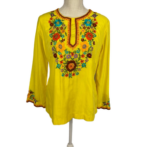 Vintage Yellow Floral Embroidered Top Long Sleeve Women's M